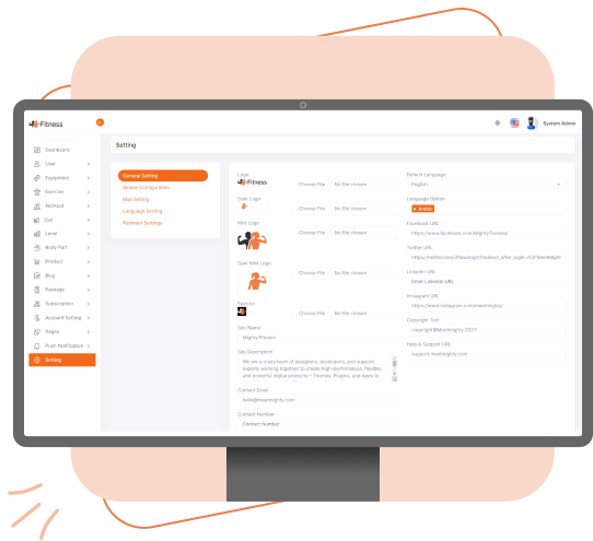 admin panel setting through Admin Dashboard for Fitness app