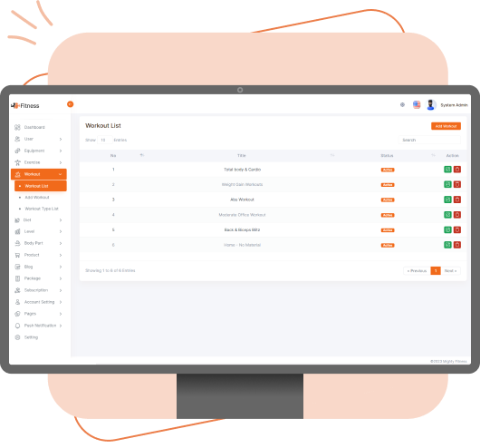 workout module in Admin Dashboard for Fitness app
